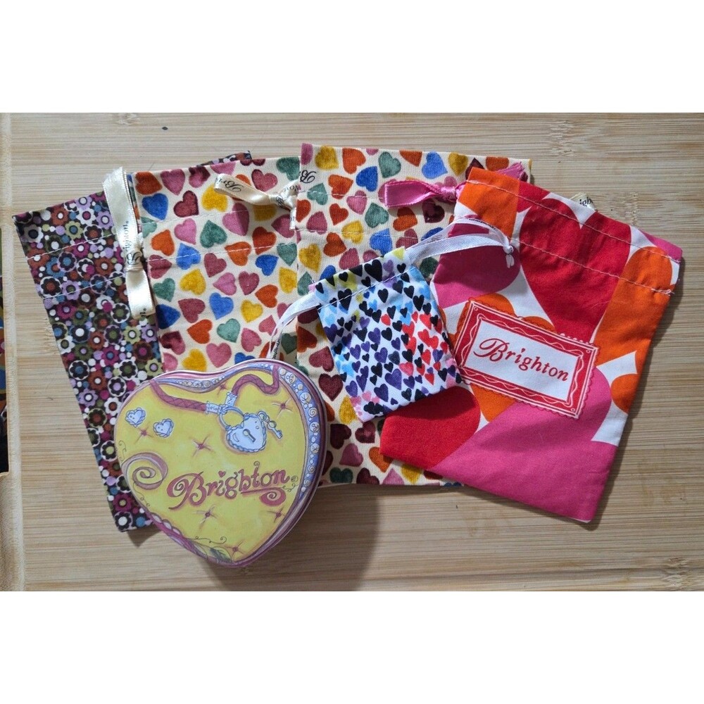 Brighton Drawstring Fabric Jewelry Pouch  Gift Bag Hearts 5 Bags + Heart Tin